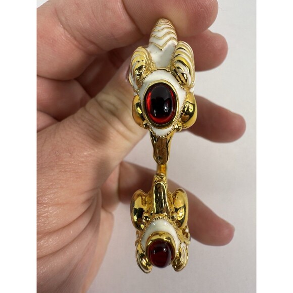 Kenneth Jay Lane, Enamel White Red Jeweled Double Ram Head Bracelet - Picture 7 of 16
